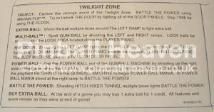 Instruction card, Twilight Zone