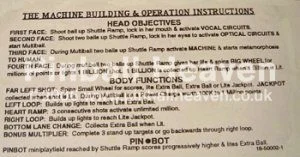 Instruction Card Bride of Pinbot